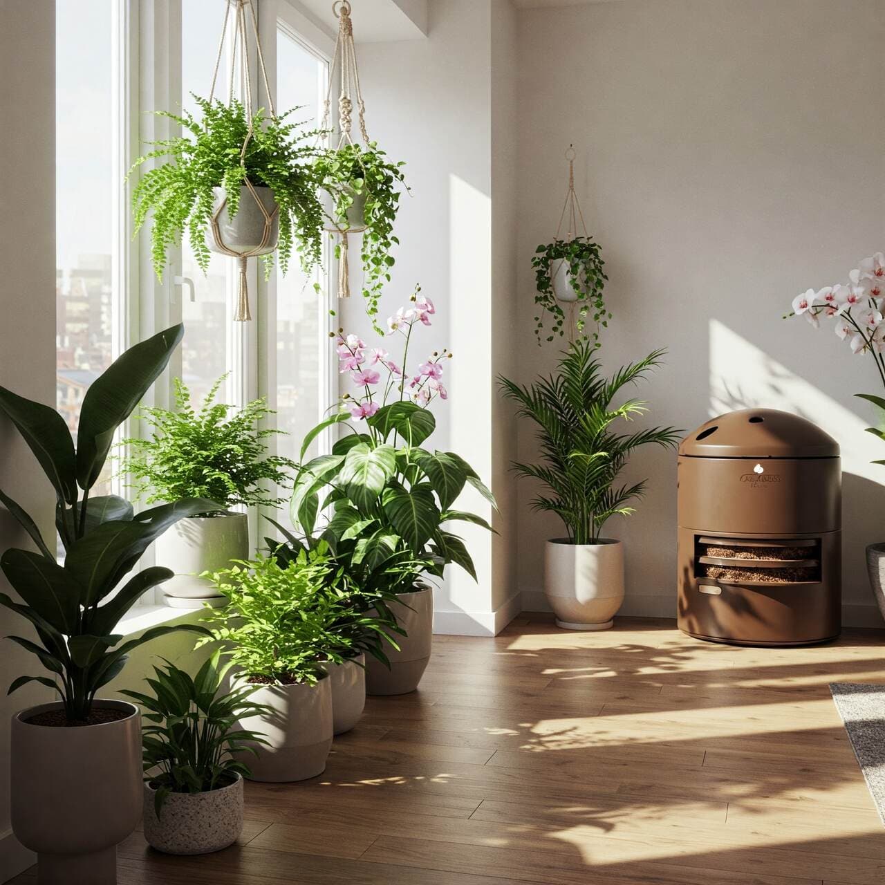 Foto de um apartamento com plantas saudáveis e vibrantes em primeiro plano, e a composteira em segundo plano.