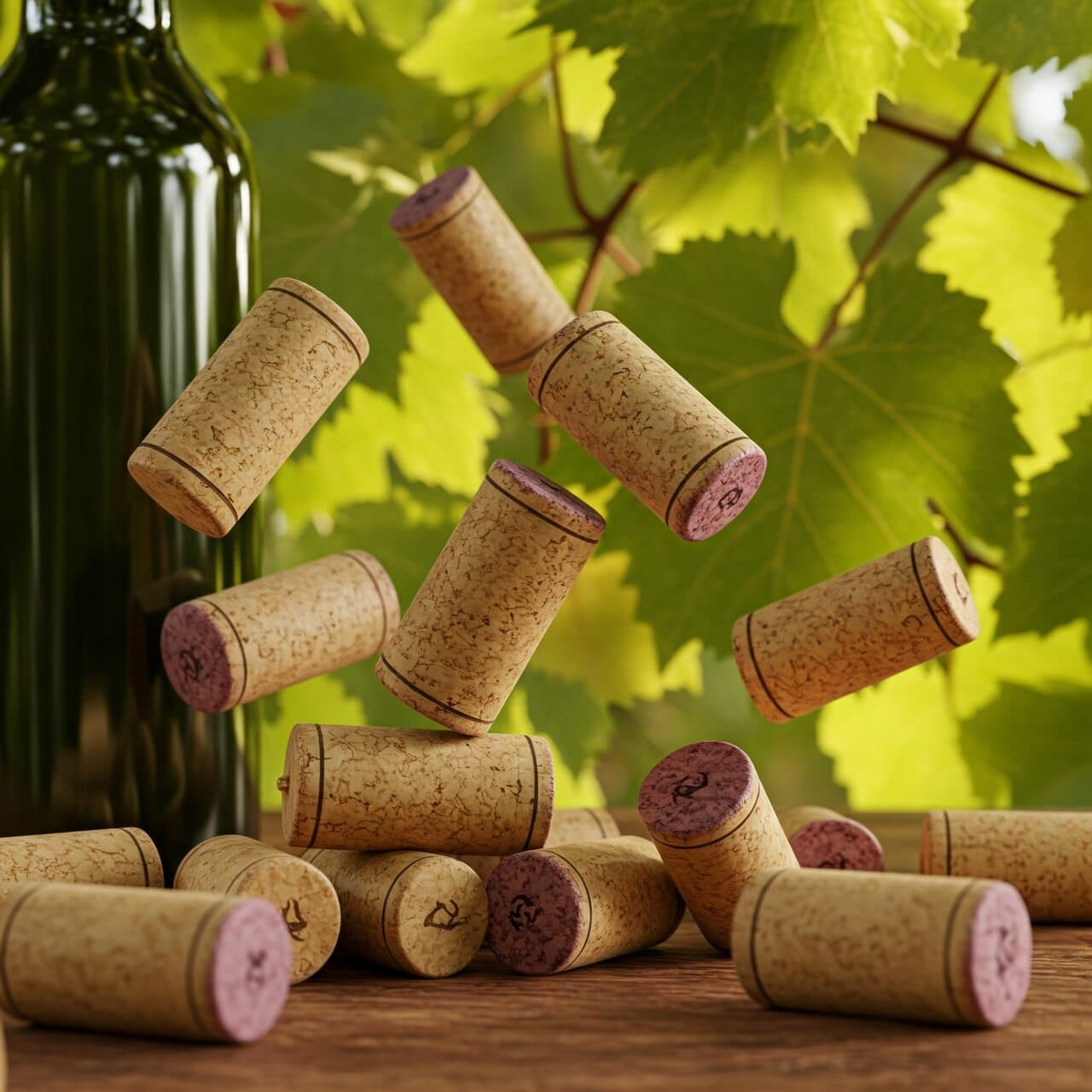 rolhas de vinho em diferentes poses, com uma garrafa de vinho ao fundo
