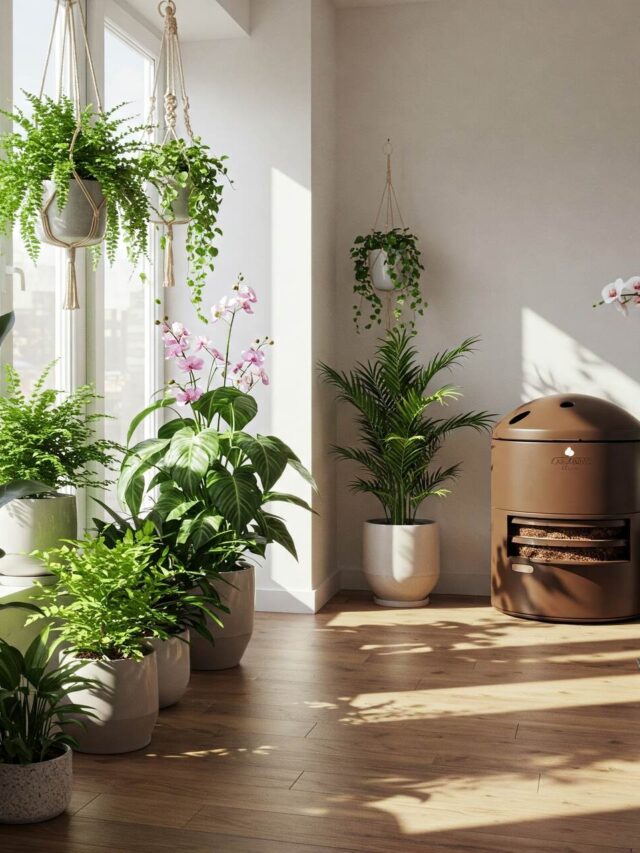 Foto de um apartamento com plantas saudáveis e vibrantes em primeiro plano, e a composteira em segundo plano.