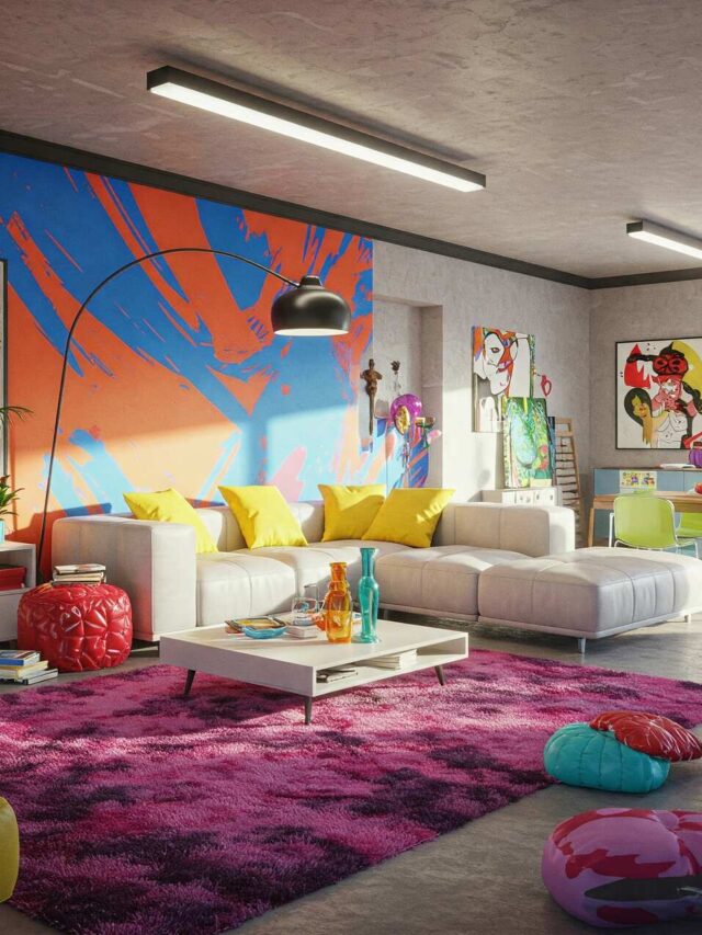 Uma sala de estar com decoração moderna e colorida.