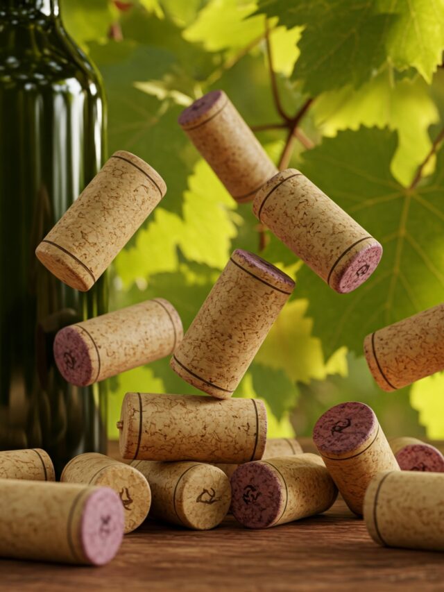 rolhas de vinho em diferentes poses, com uma garrafa de vinho ao fundo