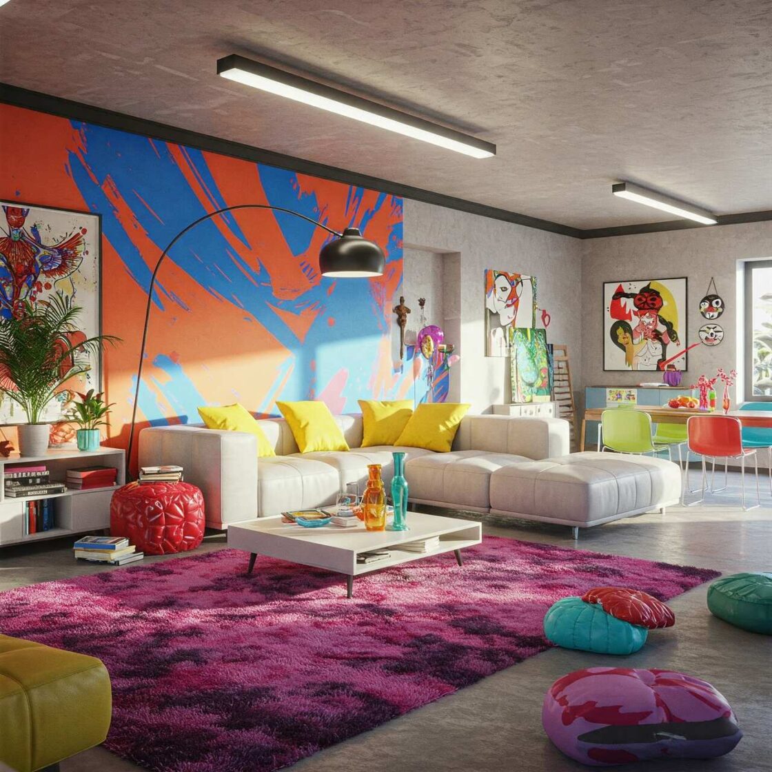 Uma sala de estar com decoração moderna e colorida.