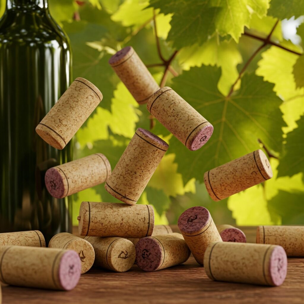 rolhas de vinho em diferentes poses, com uma garrafa de vinho ao fundo